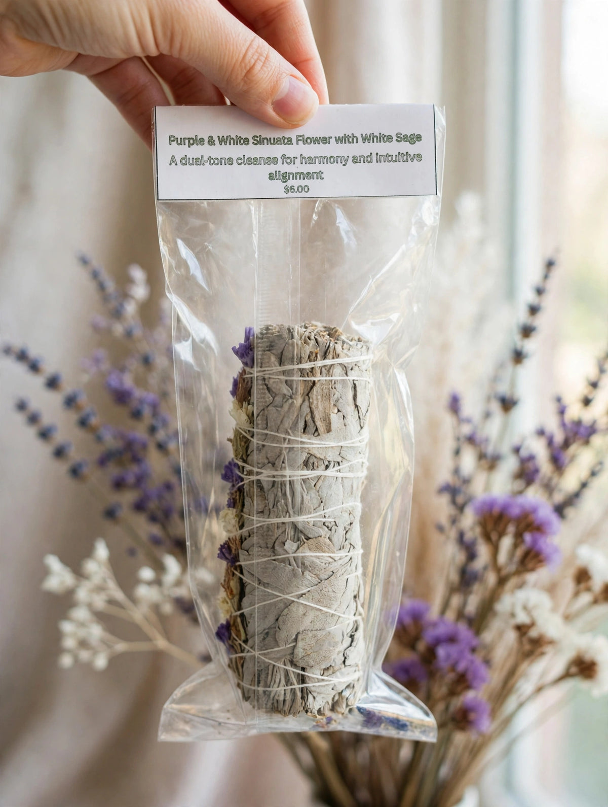 Purple & White Sinuata Flower with White Sage