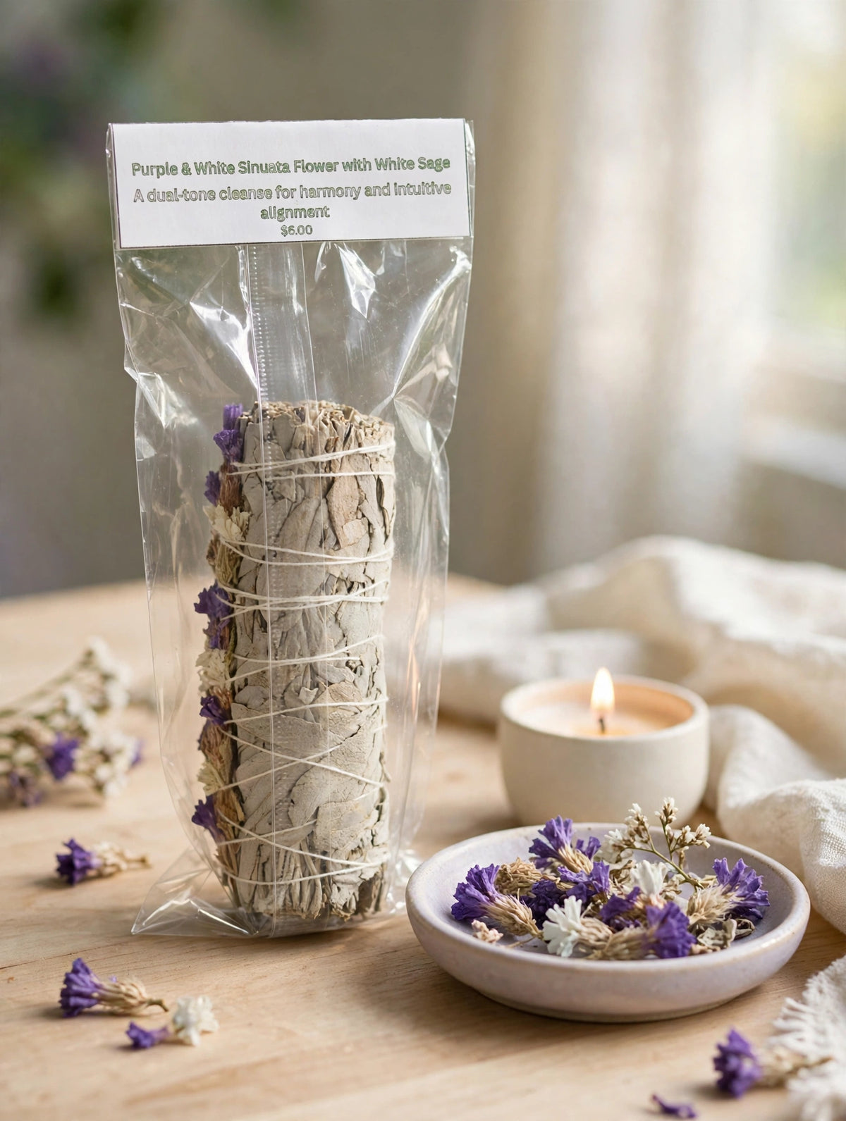 Purple & White Sinuata Flower with White Sage